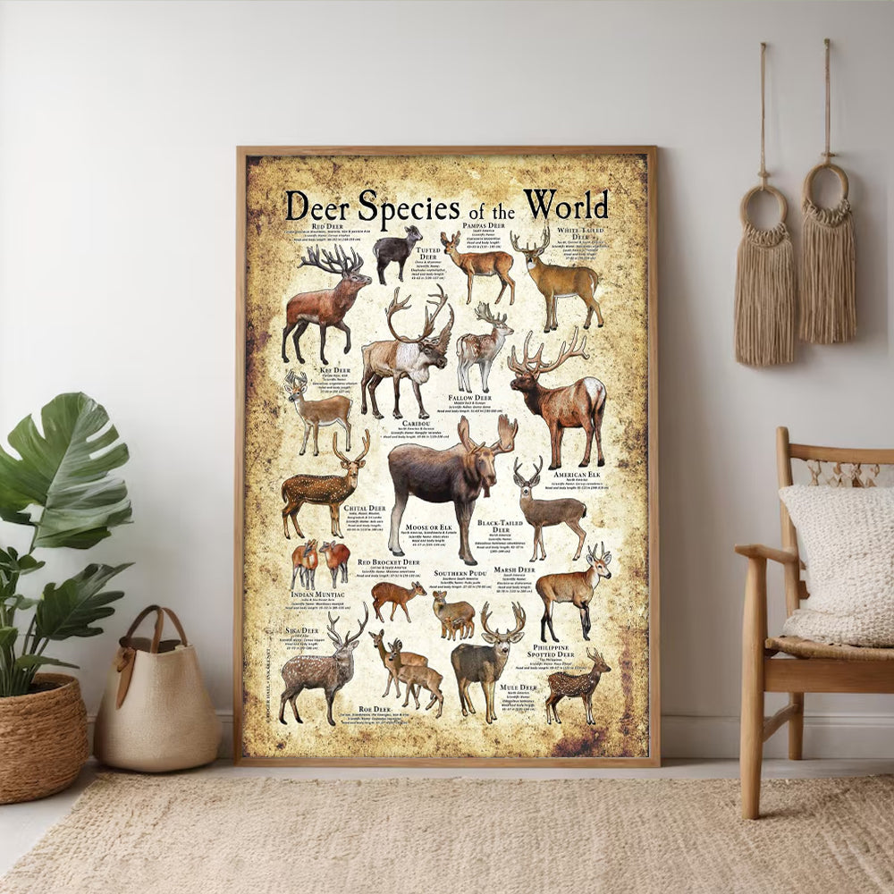 Deer Species of the World Poster Canvas - Guide for Hunting Enthusiasts, Featuring 20+ Deer Species
