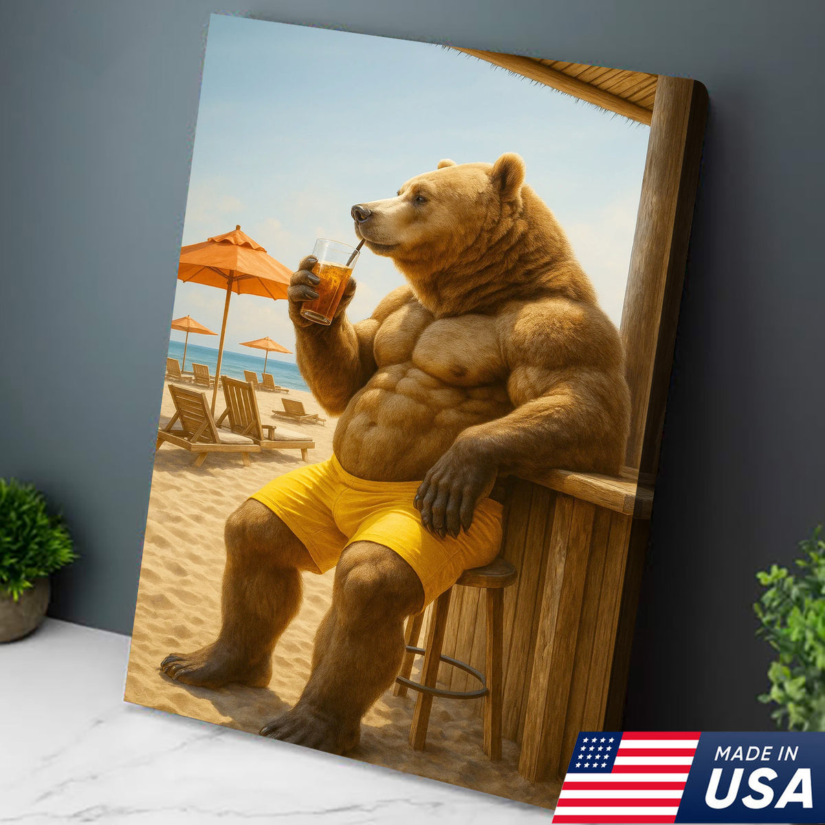 Funny Beach Bear Canvas Wall Art, Summer Vacation Animal Artwork