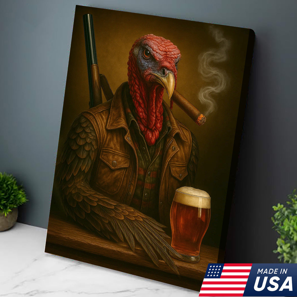 Wild Turkey Canvas Wall Art – Surreal Hunter Portrait with Beer Glass, Rustic Lodge Decor