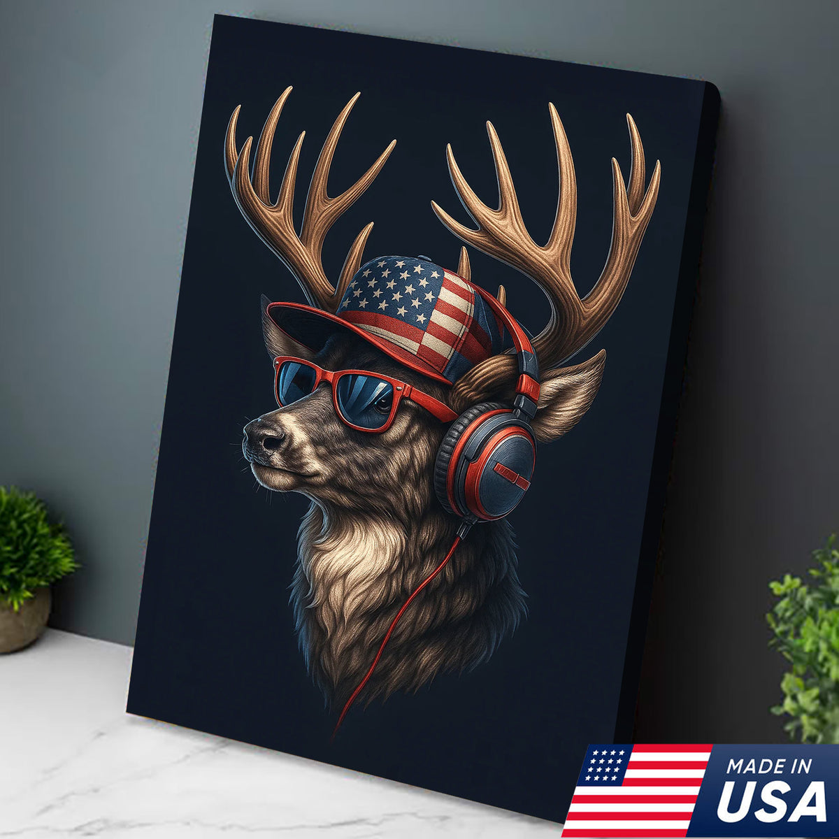 Patriotic Deer Wall Art Canvas – Cool Buck with American Flag Hat and Headphones
