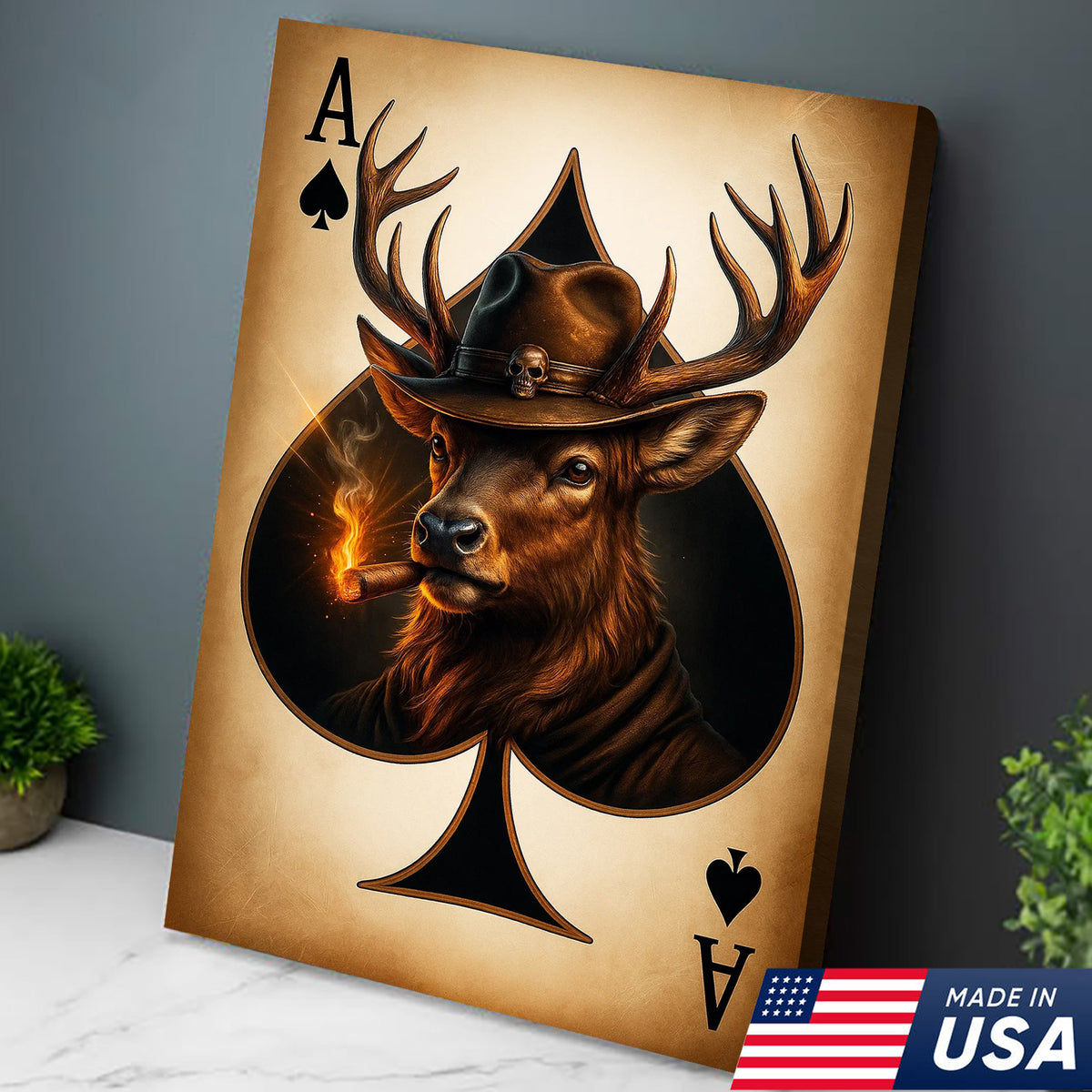 Wild West Ace of Spades Canvas Wall Art – Cowboy Deer with Hat – Rustic Hunting Cabin Decor