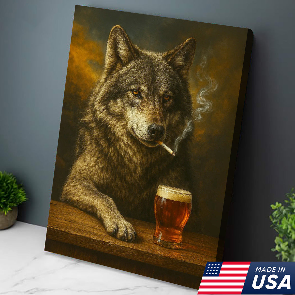 Rustic Gray Wolf Canvas Wall Art – Majestic Wildlife Bar Scene with Beer – Hunting Cabin Decor