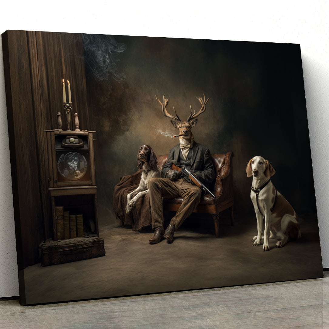 Vintage Style Hunting Deer with Dogs Canvas Print - Humorous Animal Art for Home Decor