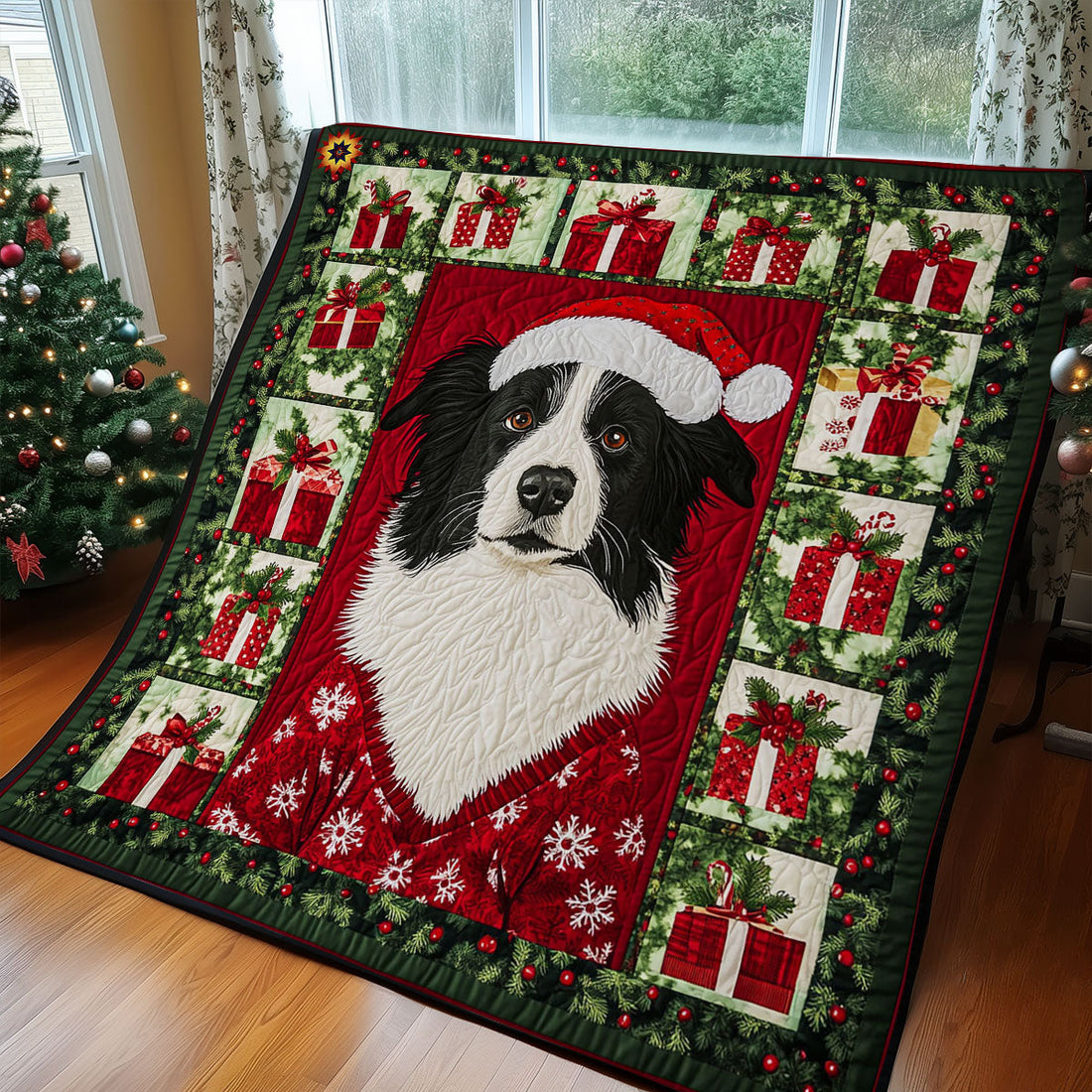 Christmas Border Collie Holiday Cheer Quilt Blanket