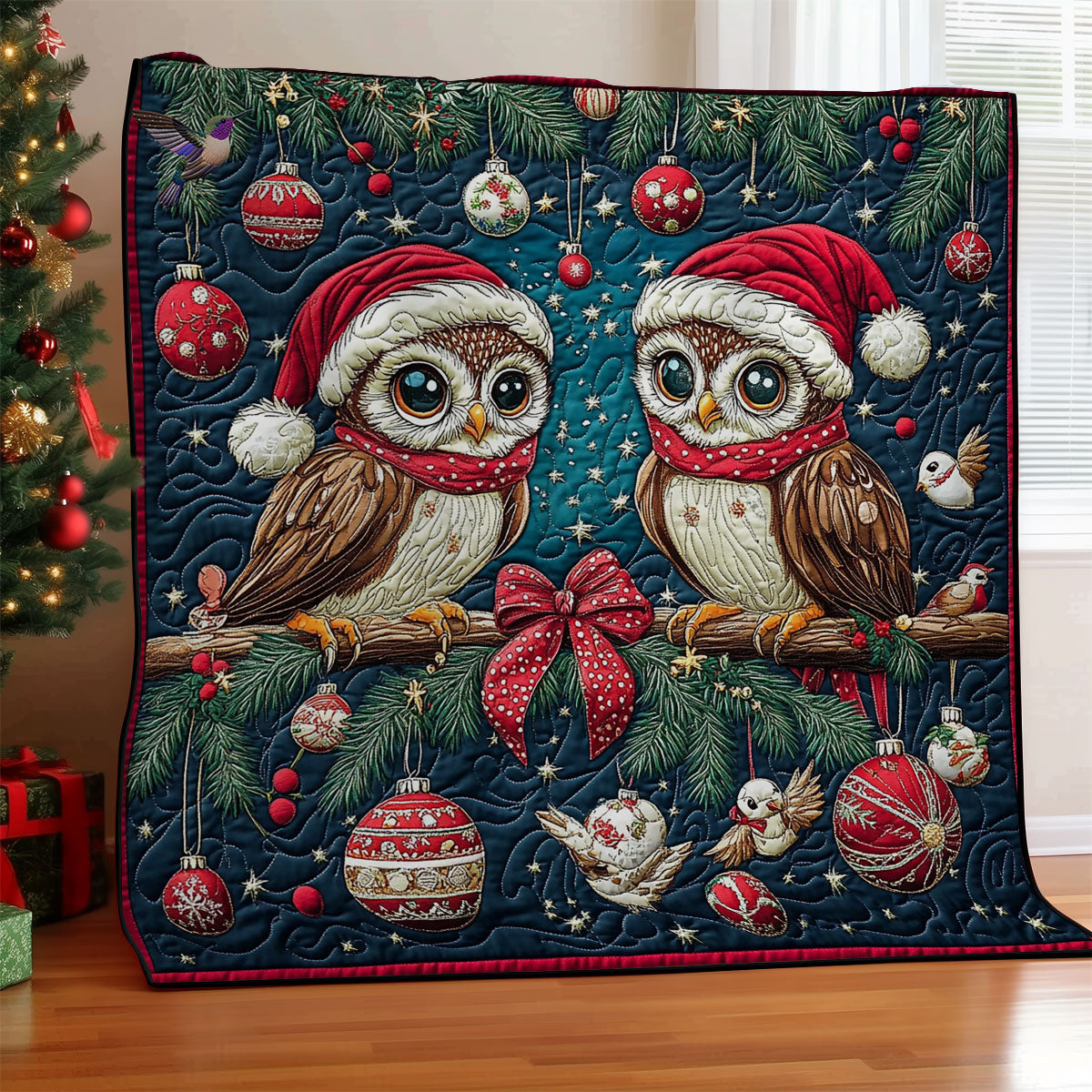 Christmas Night Couple Owl Quilt Blanket