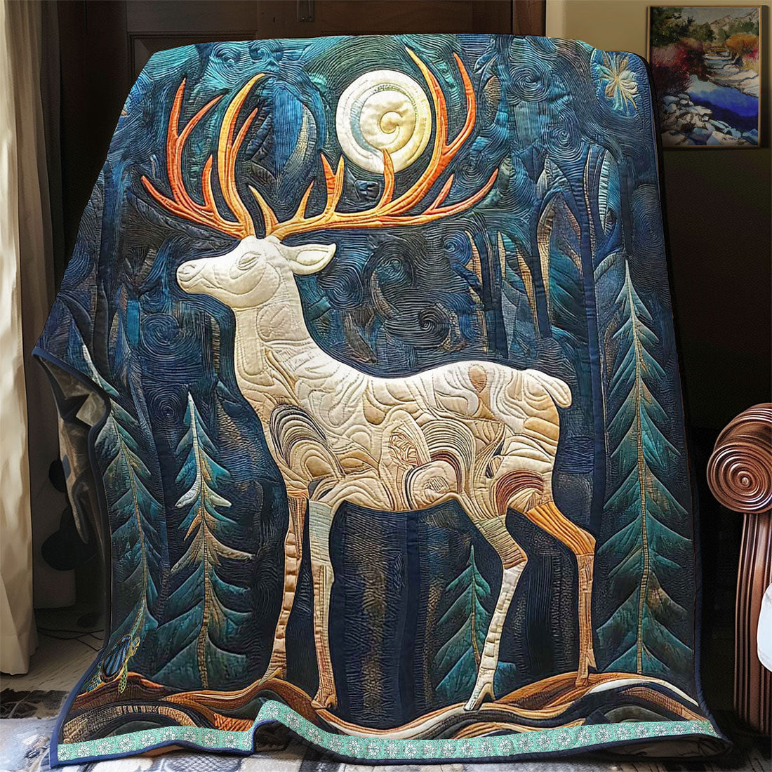 Silhouette Stag Forest Quilt Blanket