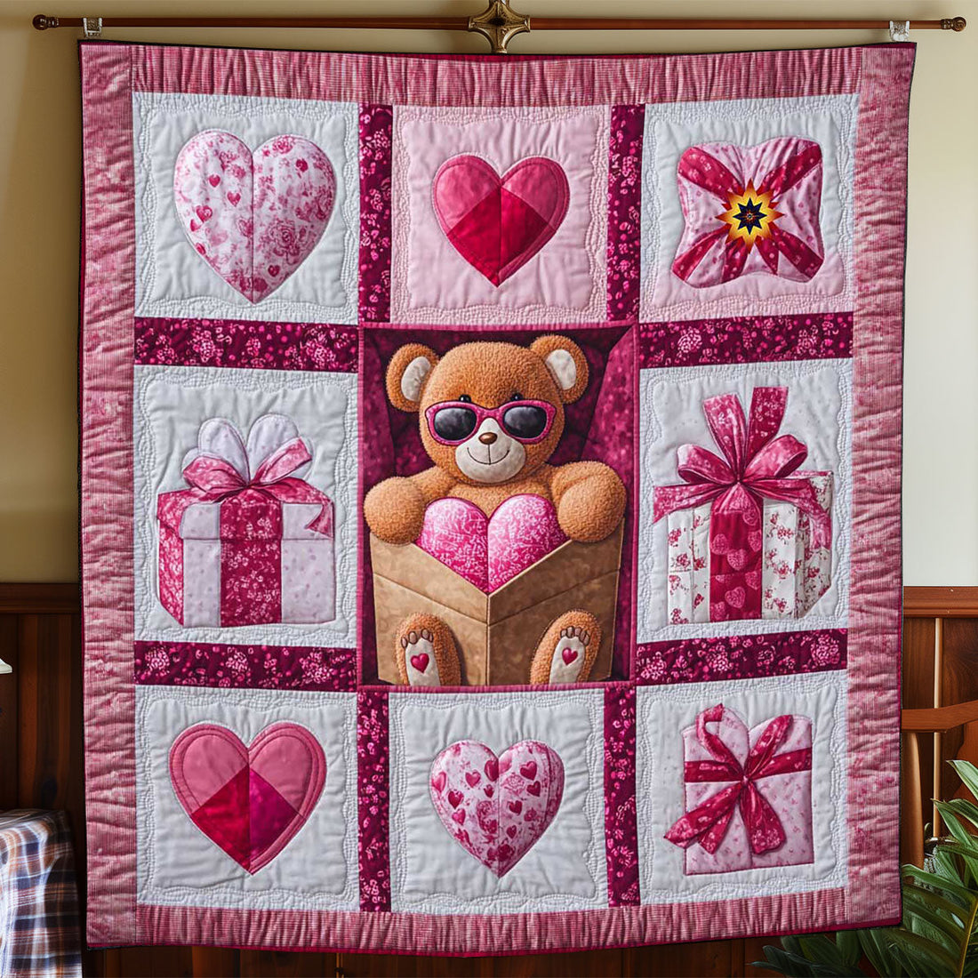 Cute Valentine Bear Quilt Blanket