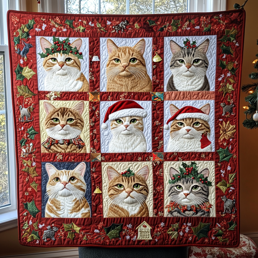 Cats In Christmas Night Holiday Cheer Quilt Blanket