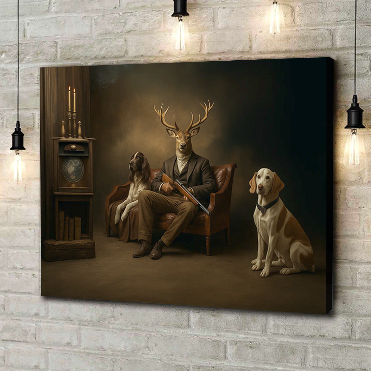 Deer Hunter Gentleman Canvas – Surreal Wall Art with Dogs for Cabin or Man Cave