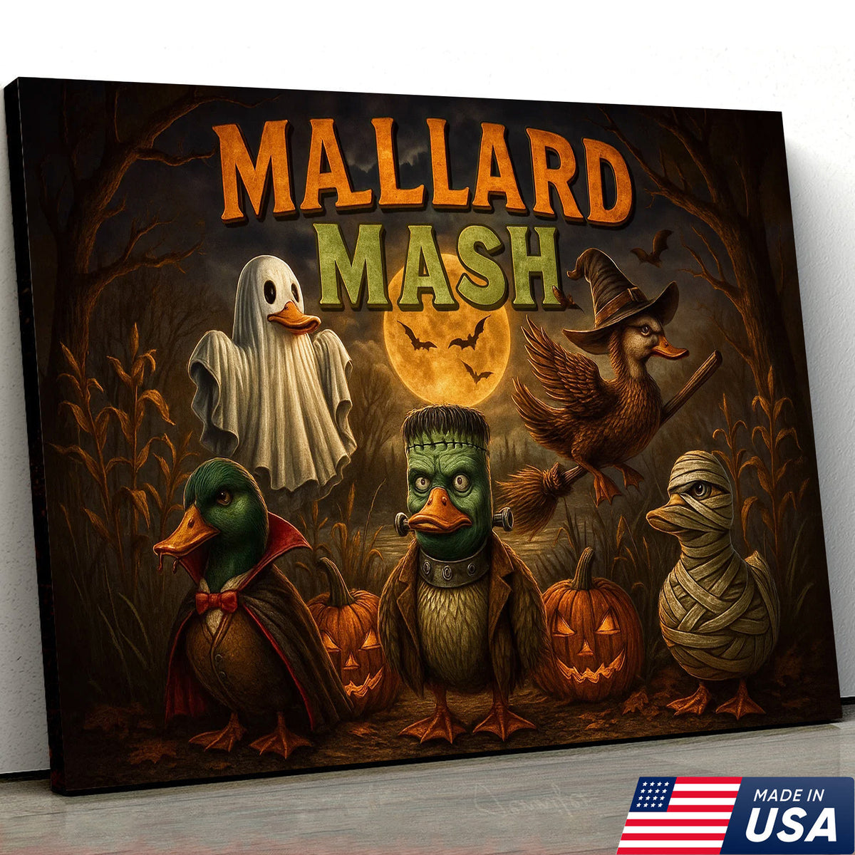 Mallard Mash Halloween Canvas Wall Art – Funny Ducks in Costumes with Pumpkins