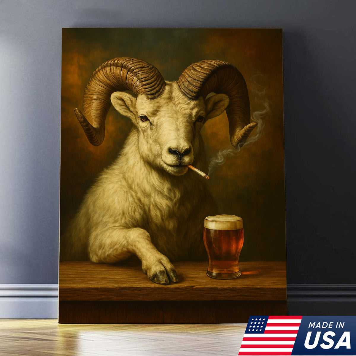 Rustic Dall Sheep Canvas Wall Art – Majestic Mountain Sheep with Beer Glass