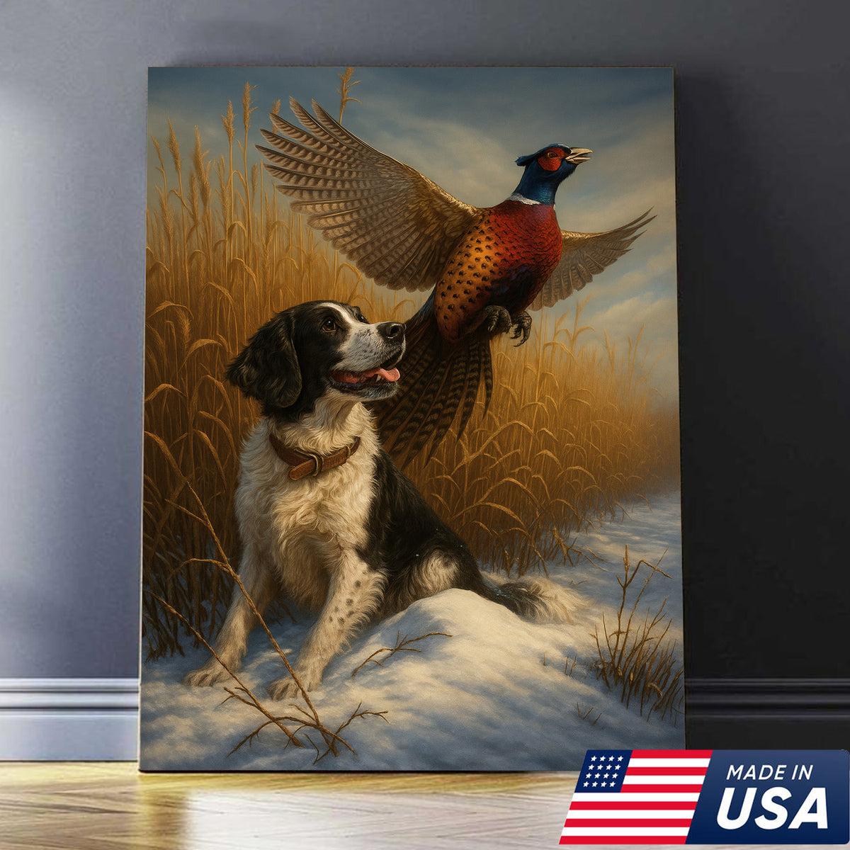 Hunting Dog & Pheasant in Winter Field Canvas – Classic Wildlife Wall Art for Lodge & Nature Decor