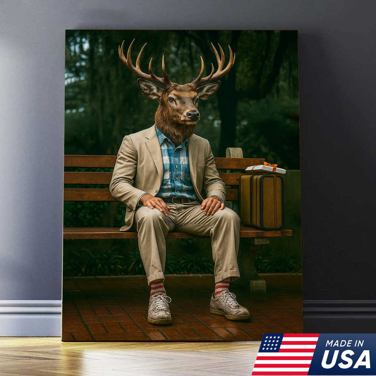 Funny Deer Canvas Wall Art – Buck Sitting on Bench – Whitetail Deer Hunting Lodge Decor