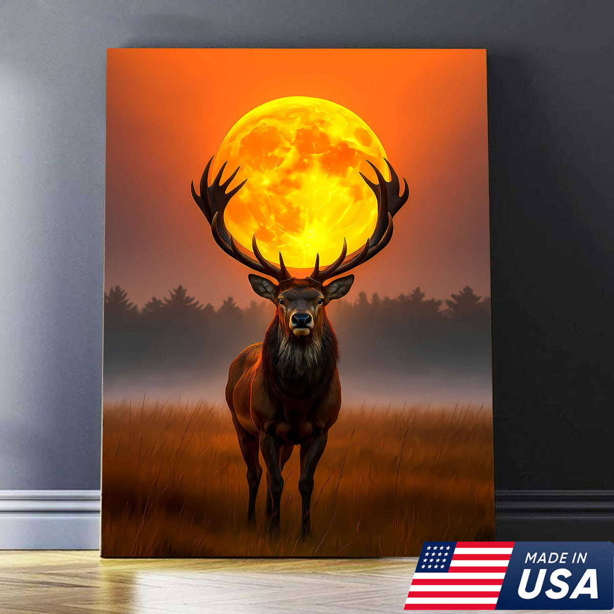Majestic Elk Full Moon Canvas Wall Art – Hunting Cabin Decor Gift for Hunters