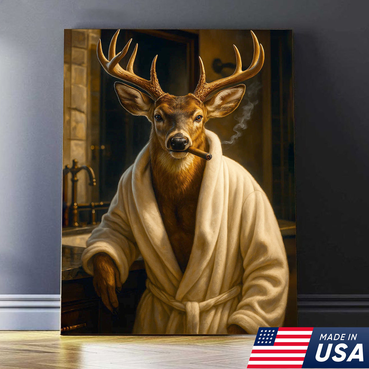 Deer Canvas Wall Art – Stylish Buck in Bathrobe Smoking Cigar Rustic Bathroom Decor for Hunters