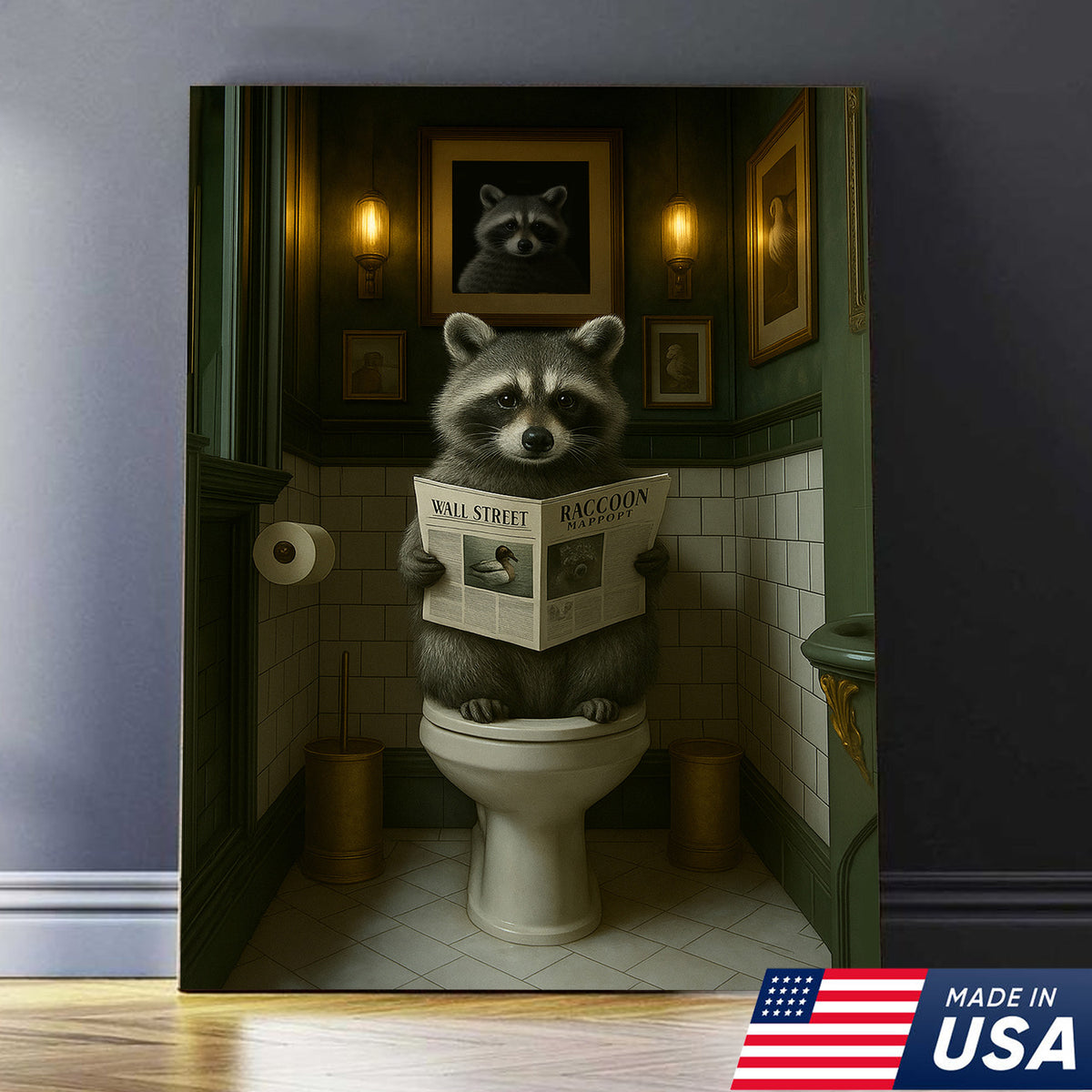 Funny Raccoon Bathroom Wall Art – Rustic Toilet Humor Cabin Canvas Decor