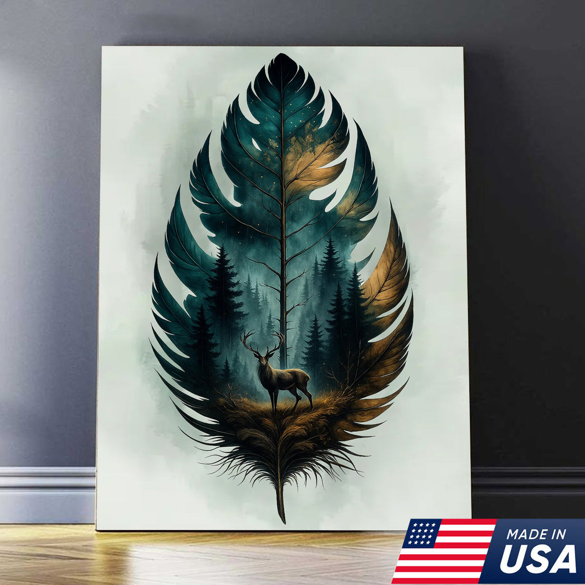 Rustic Deer And Feather Canvas Wall Art – Nature Forest Wildlife Print – Cabin & Lodge Hunting Decor