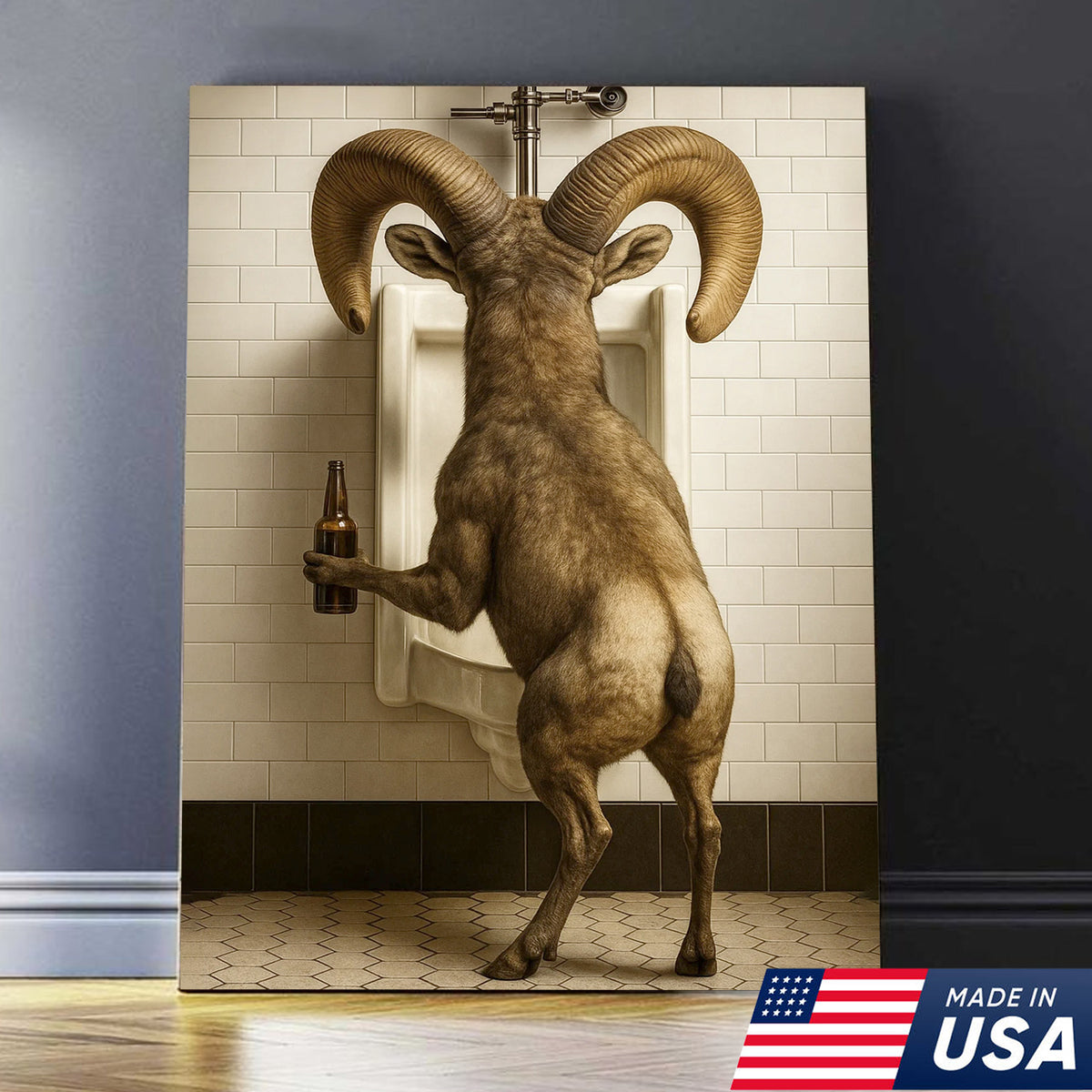 Humorous Big Horn Sheep Canvas Wall Art - Rustic Lodge Bathroom Decor for Cabin and Farmhouse