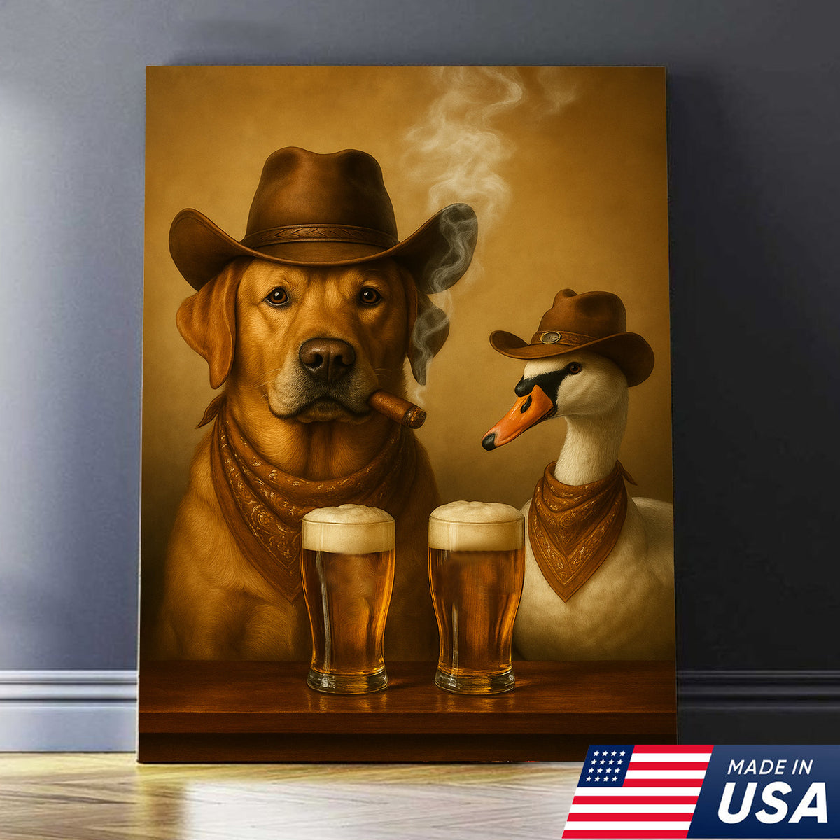 Funny Cowboy Dog & Geese Wall Art Canvas – Funny Beer & Smoking Canvas for Hunters
