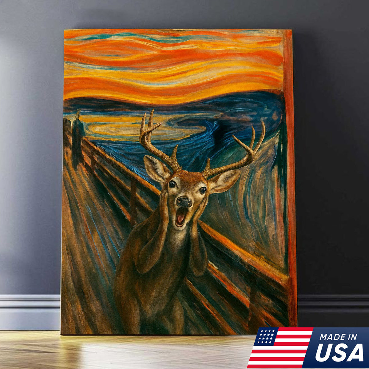Funny Deer Wall Art Canvas – The Scream Parody Hunting Decor – Rustic Wildlife Home Decoration