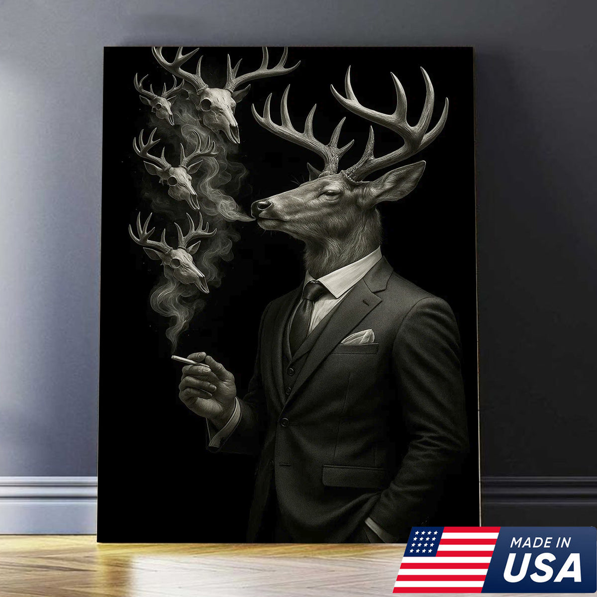 Gentleman Deer Canvas Wall Art, Elegant Buck in Suit Artwork, Rustic Cabin Decor for Hunters