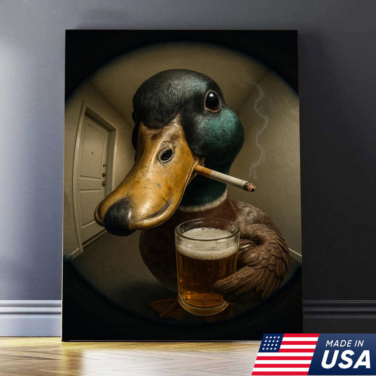 Mallard Duck Fisheye Canvas Wall Art – Funny Close-Up Door Peephole Portrait with Beer Glass