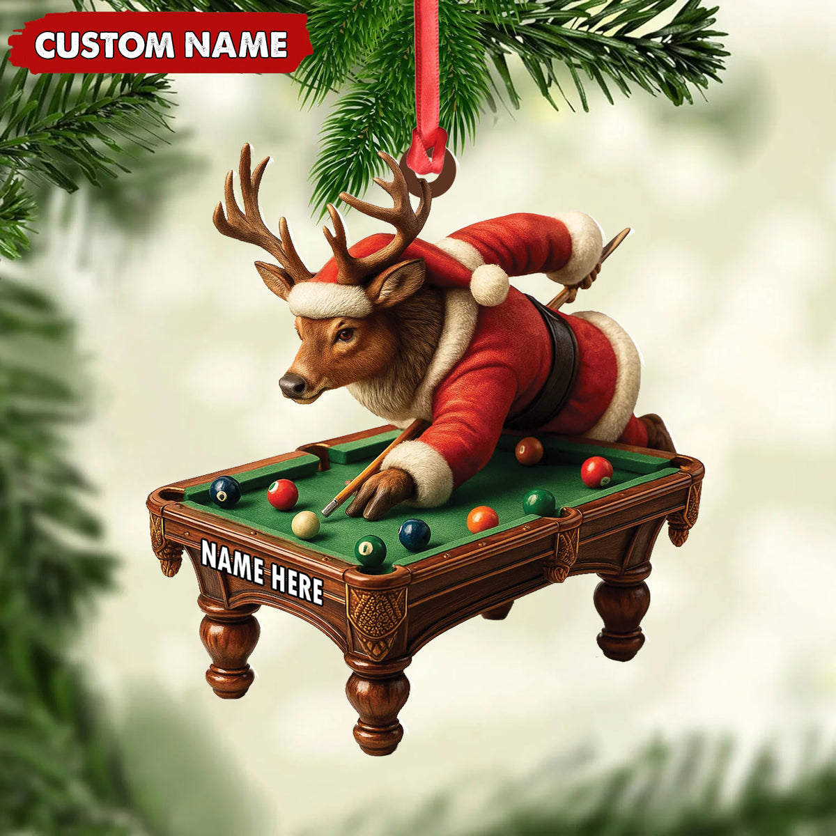 Personalized Acrylic Deer Christmas Ornament – Funny Buck Playing Pool in Santa Outfit Holiday Decor