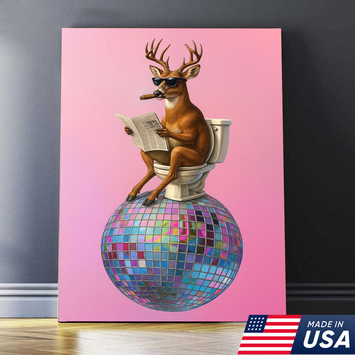 Deer Canvas Wall Art – Funny Buck Reading Newspaper on Toilet with Disco Ball Unique Bathroom Decor