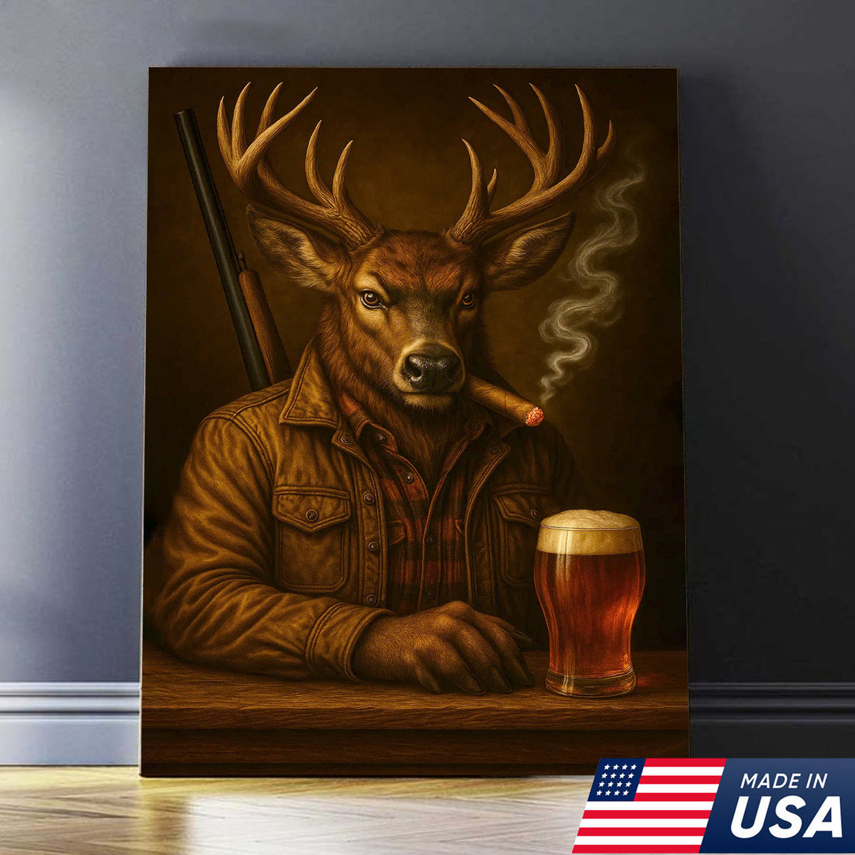 Majestic Deer Canvas Wall Art – Surreal Hunter Portrait with Beer Glass, Bold Rustic Decor