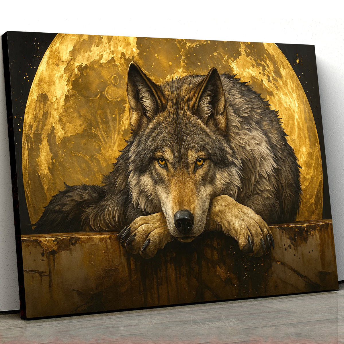 Wolf Canvas Wall Art – Majestic Wolf with Full Moon – Rustic Wildlife Decor for Cabin