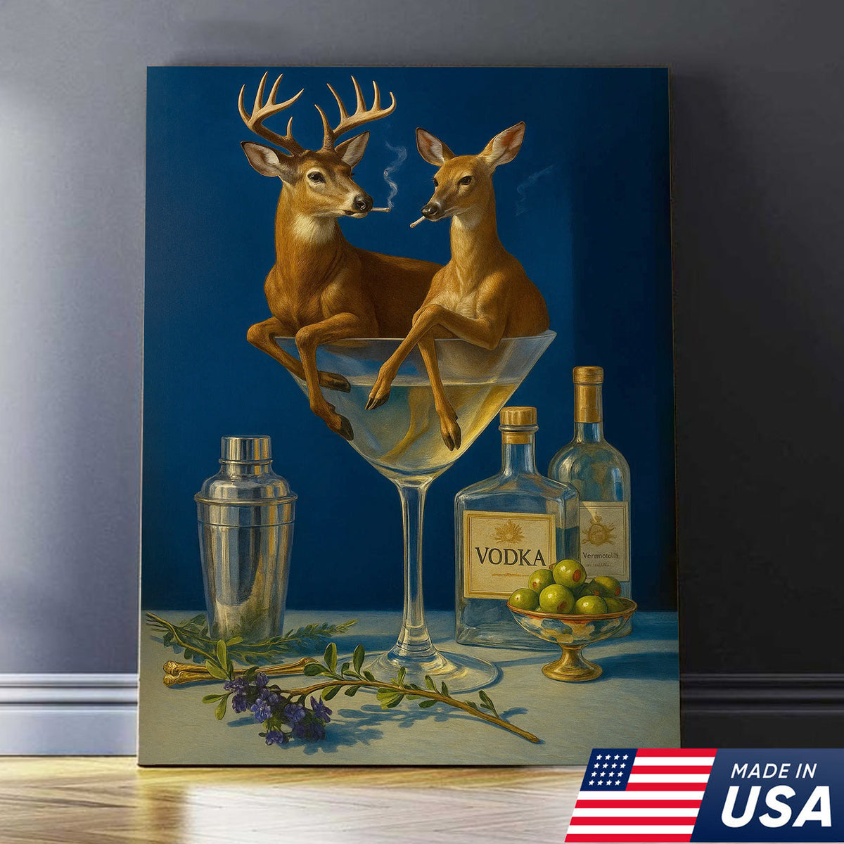 Funny Deer Couple Wall Art Canvas – Whimsical Buck and Doe in Martini Glass