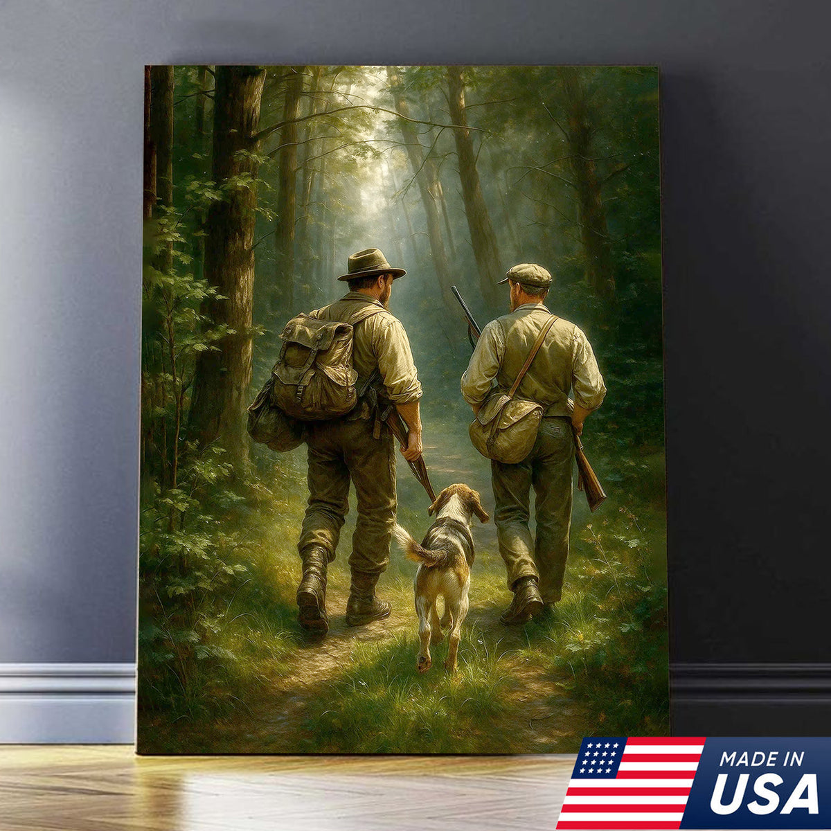 Hunting Canvas Wall Art – Hunters Walking with Dog in Forest – Rustic Cabin Decor
