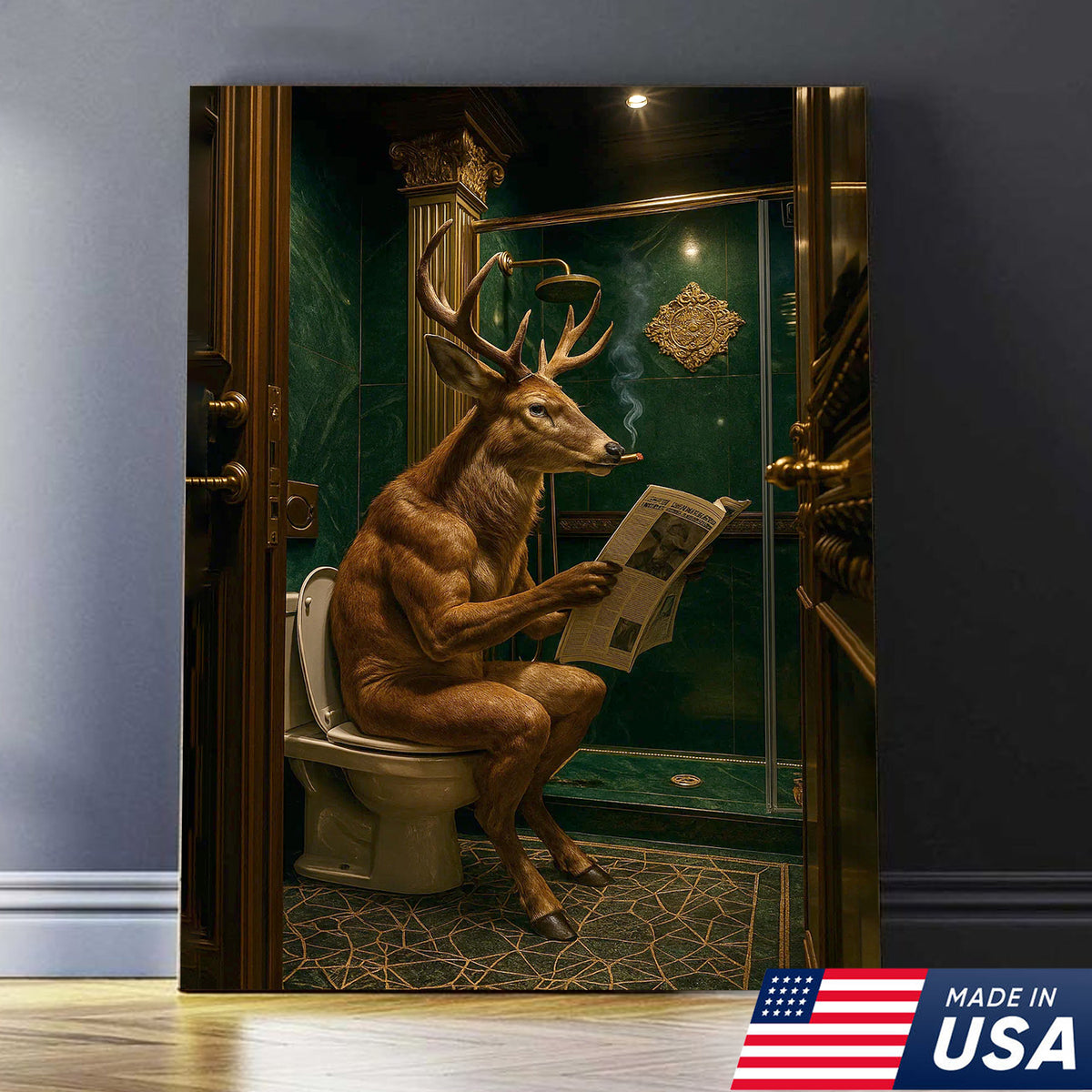 Funny Deer Canvas Wall Art - Anthropomorphic Deer Reading Newspaper in Bathroom