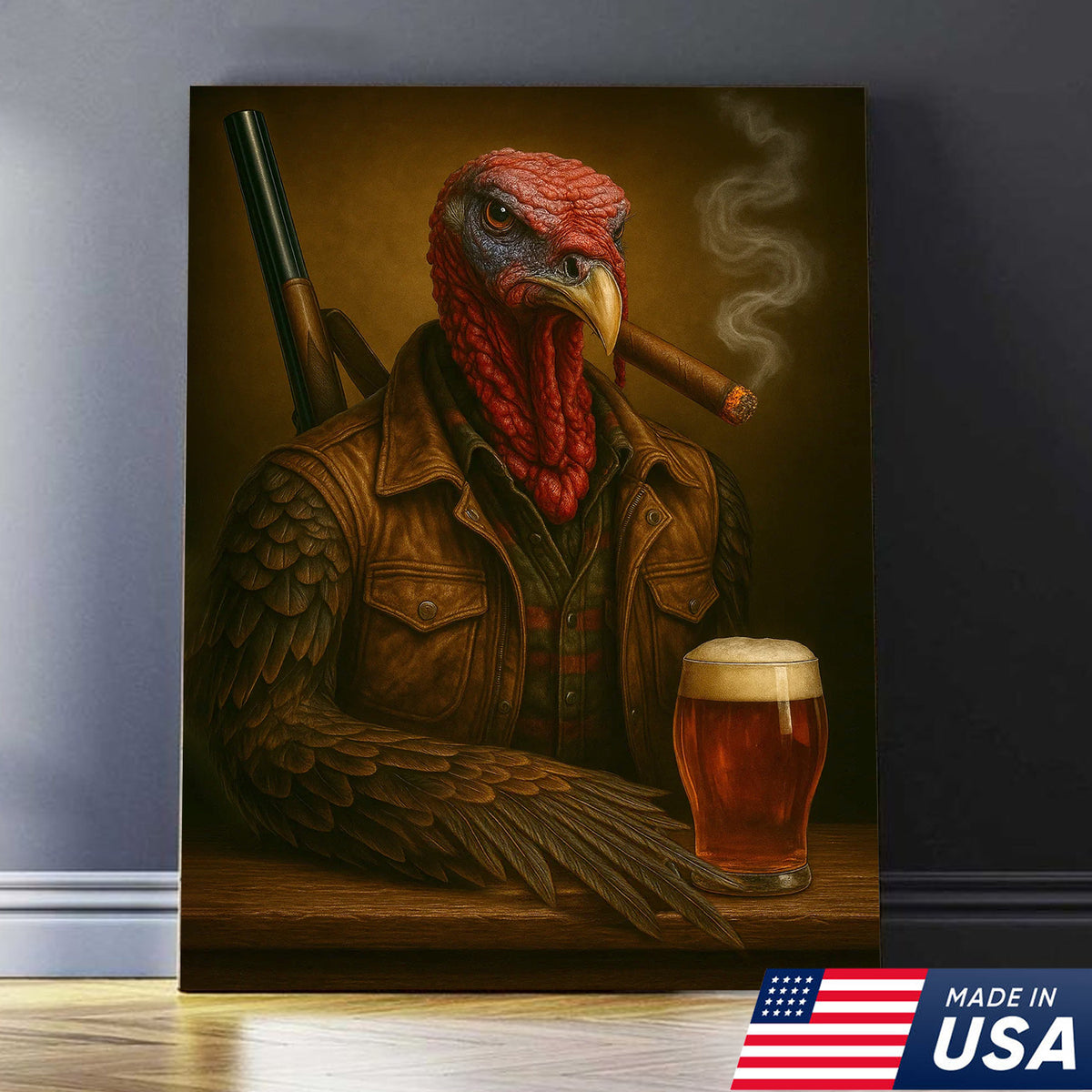 Wild Turkey Canvas Wall Art – Surreal Hunter Portrait with Beer Glass, Rustic Lodge Decor