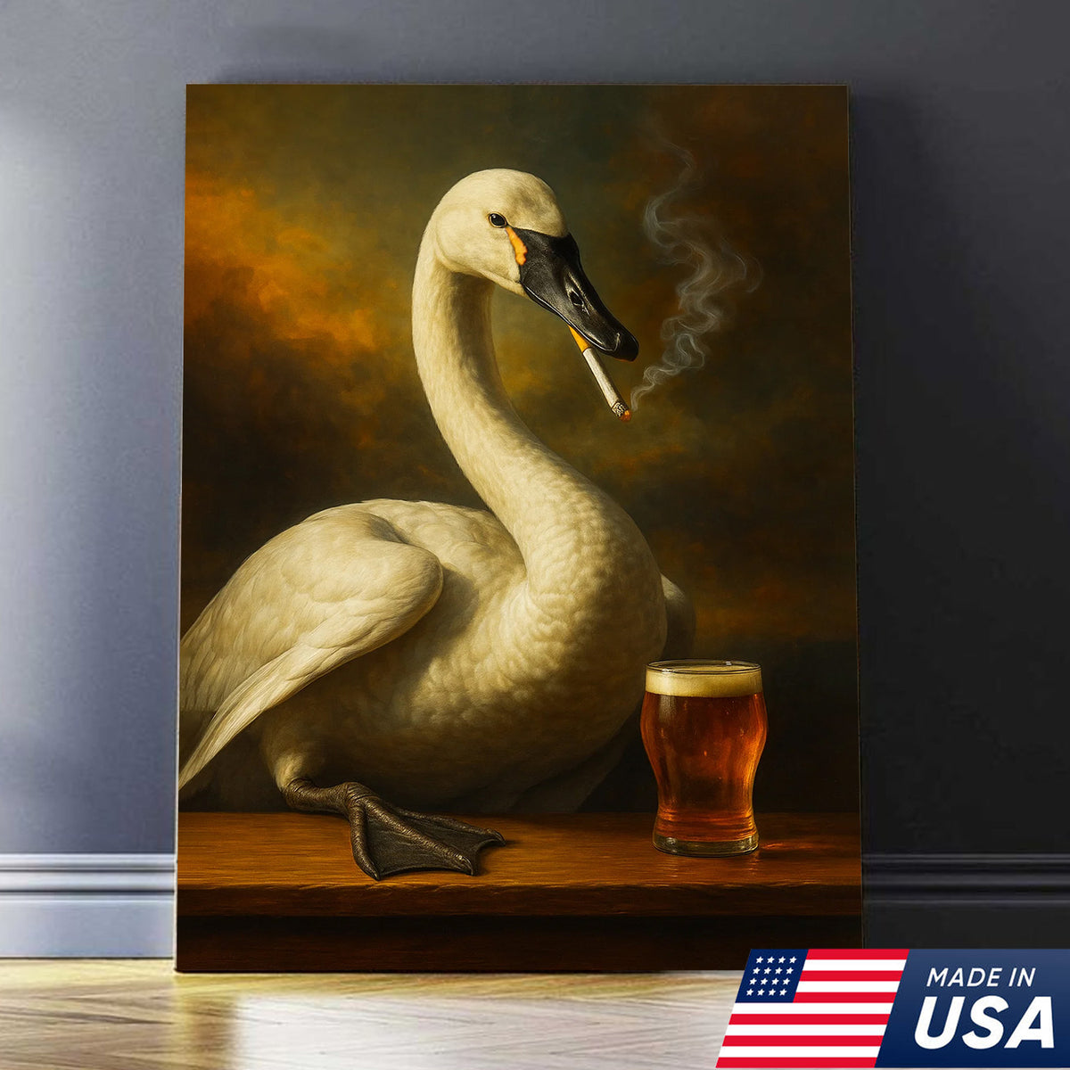 Rustic Tundra Swan Canvas Wall Art – Elegant Wildlife Bar Scene with Beer – Hunting Cabin Decor