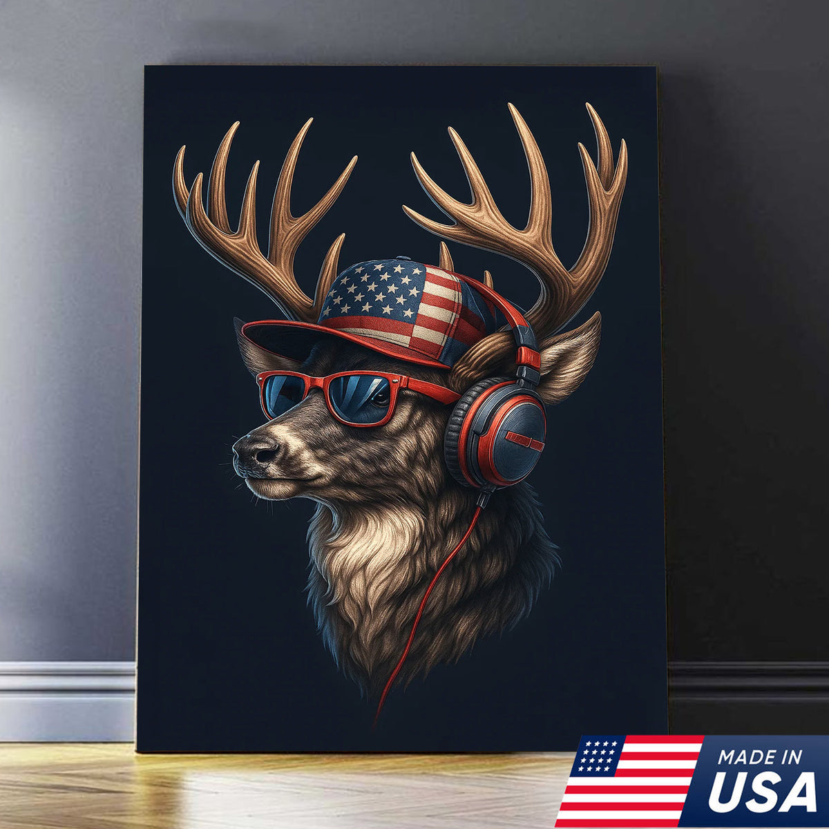 Patriotic Deer Wall Art Canvas – Cool Buck with American Flag Hat and Headphones
