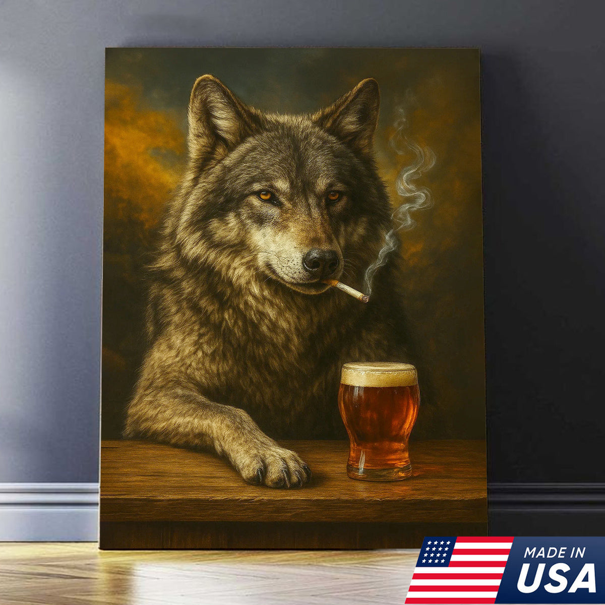 Rustic Gray Wolf Canvas Wall Art – Majestic Wildlife Bar Scene with Beer – Hunting Cabin Decor