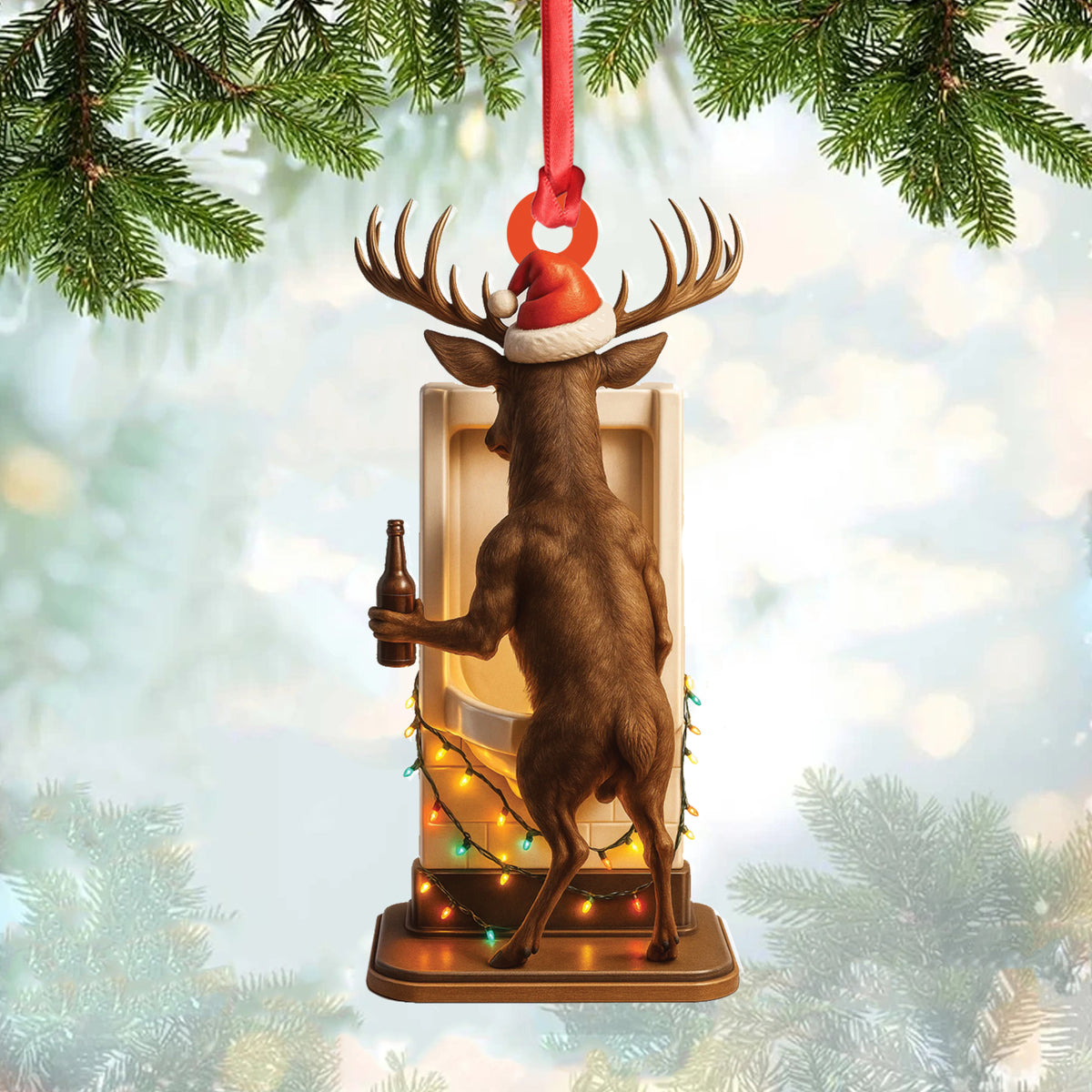 Personalized Acrylic Deer Christmas Ornament – Funny Buck with Santa Hat Drinking Beer by Urinal Holiday Decor