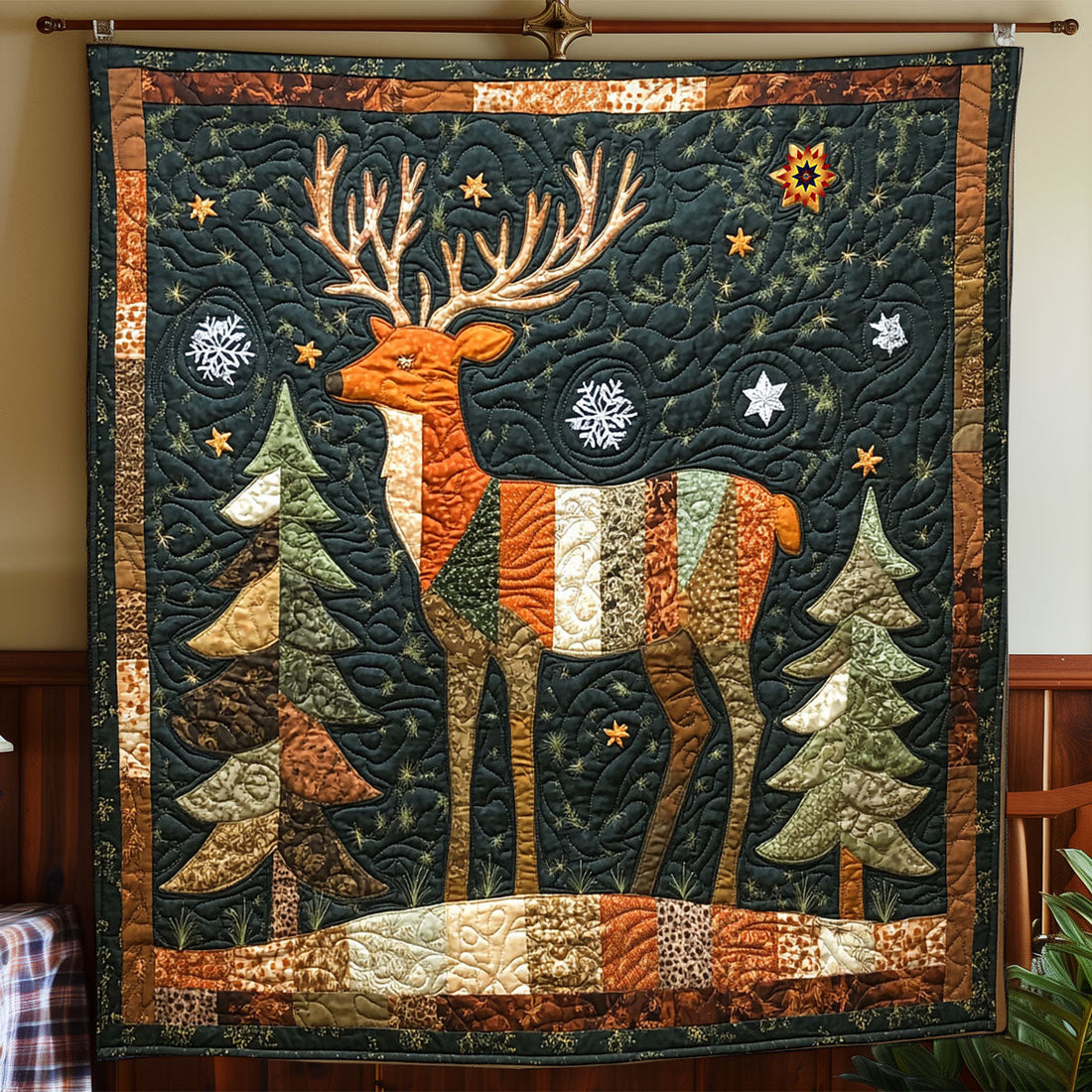 Reindeer Patchwork Portrait Quilt Blanket