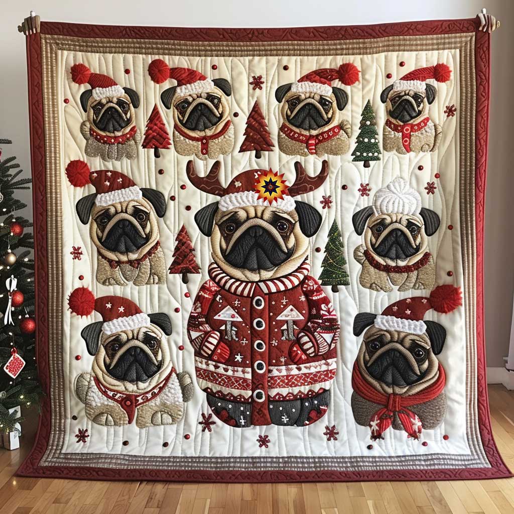 Adorable Christmas Fashion Pug Quilt Blanket