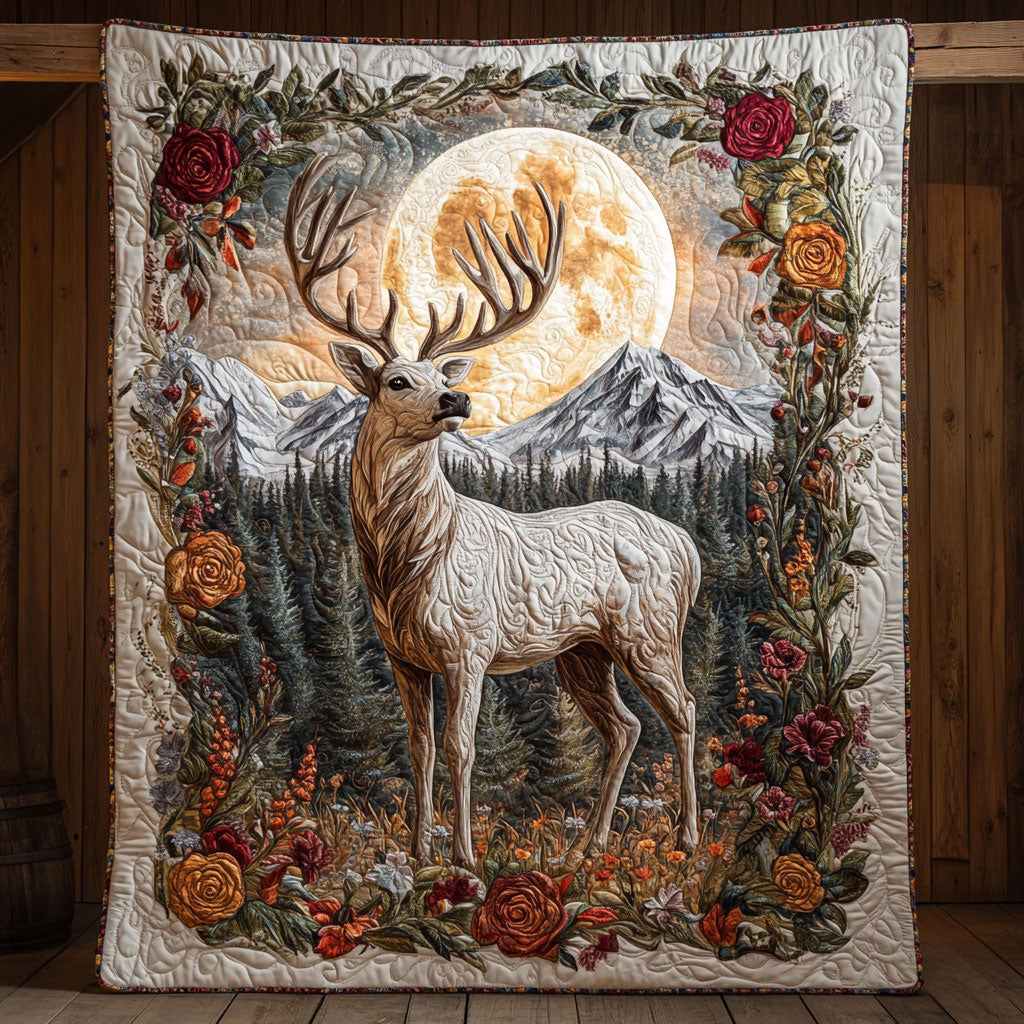 White Deer Under Moonlit Quilt Blanket
