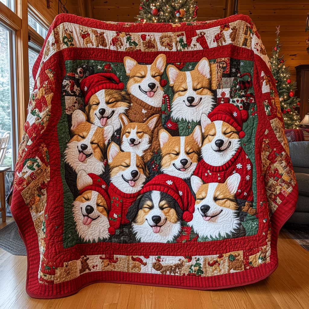 Christmas Corgi Festive Glow Quilt Blanket