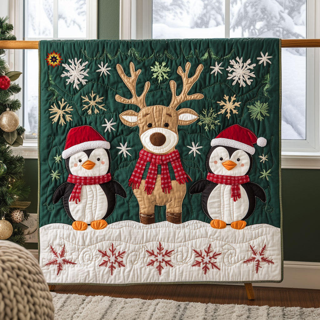 Christmas Reindeer And Penguin Quilt Blanket
