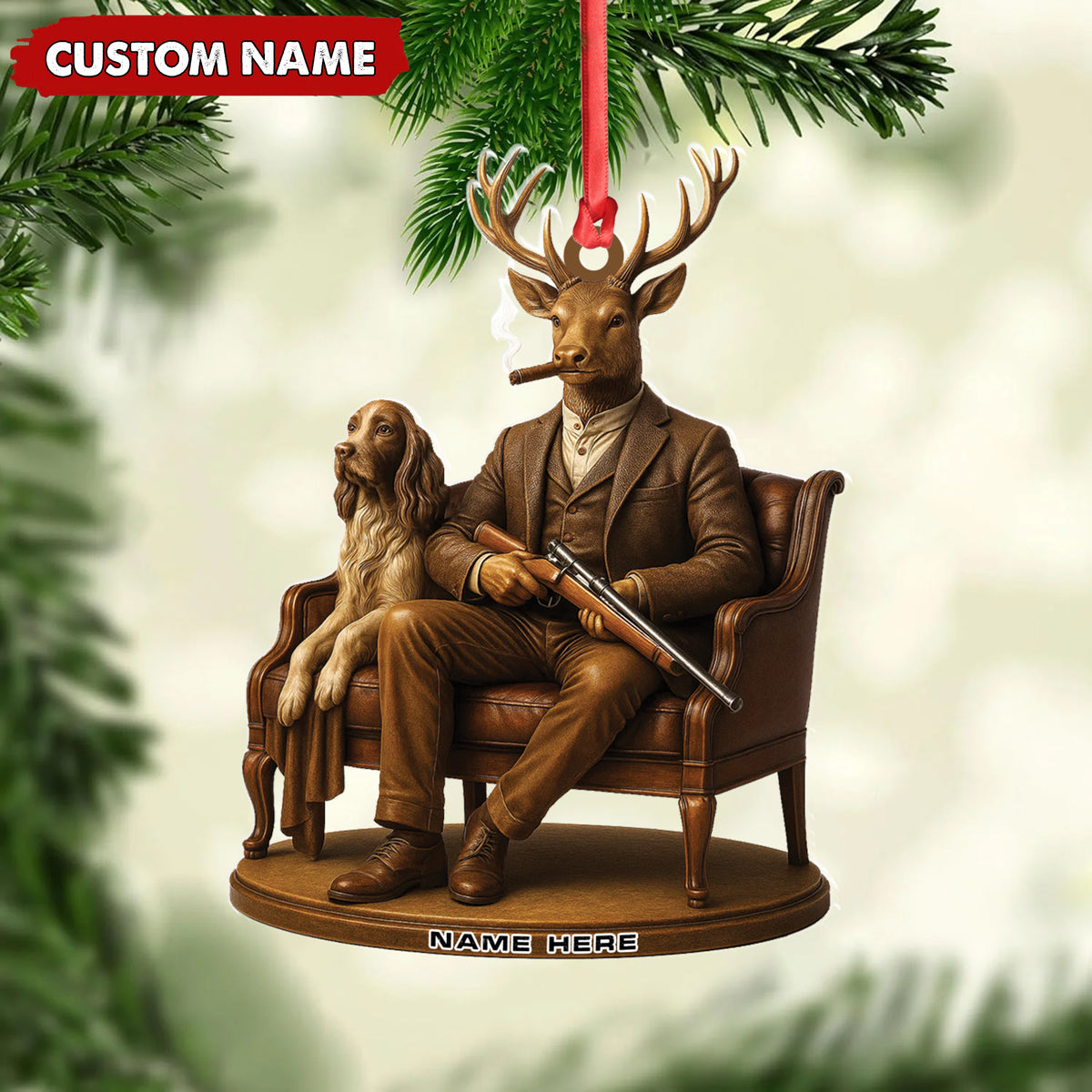 Personalized Acrylic Deer Christmas Ornament – Elegant Hunter Buck with Dog Holding Rifle Holiday Decor
