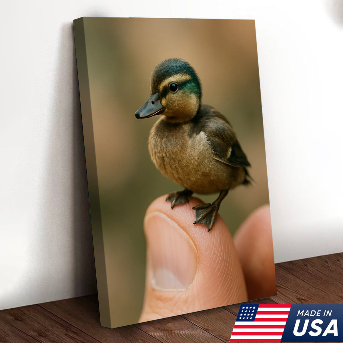 Cute Baby Duck Canvas Wall Art - Adorable Duckling Perched on Finger
