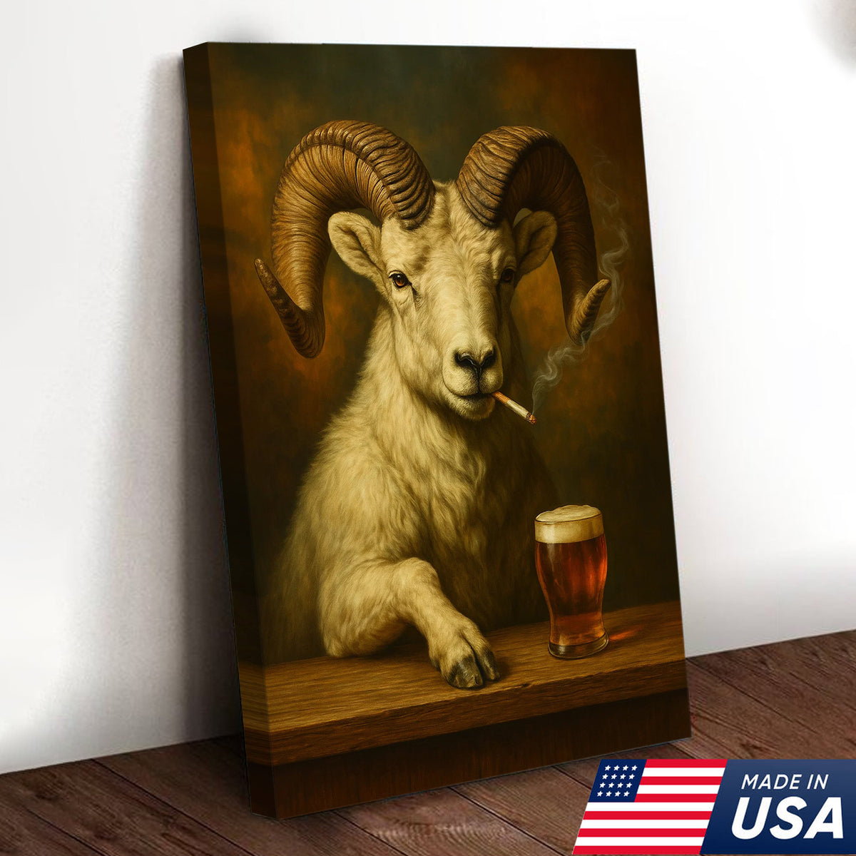 Rustic Dall Sheep Canvas Wall Art – Majestic Mountain Sheep with Beer Glass