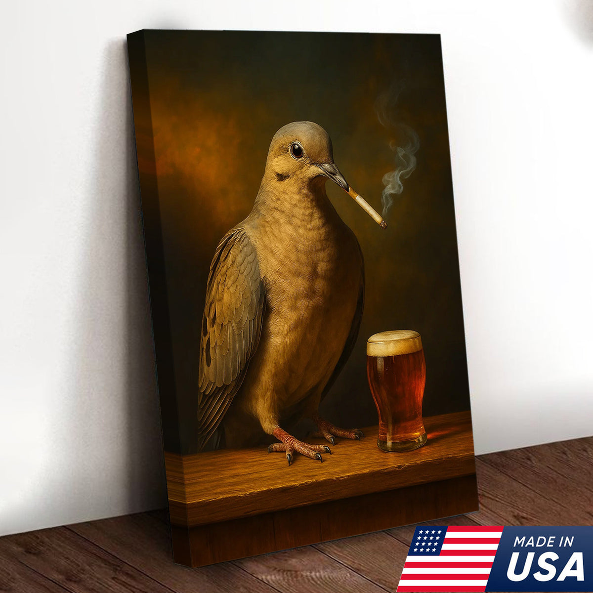 Rustic Mourning Dove Canvas Wall Art – Unique Wildlife Bar Scene with Beer