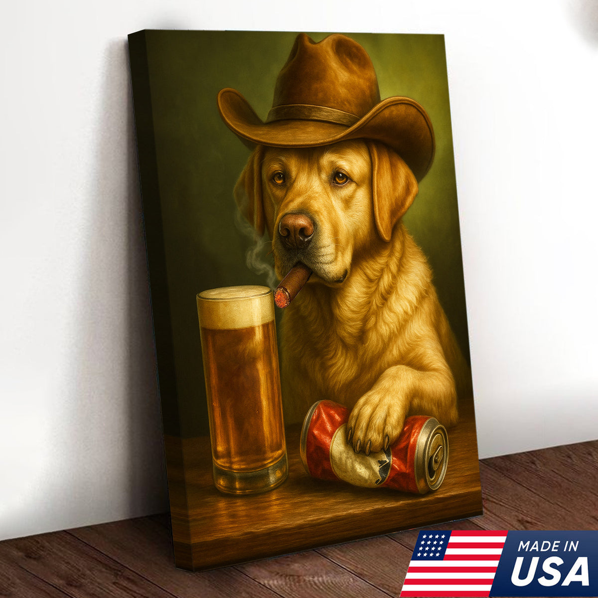 Funny Cowboy Dog Wall Art – Funny Beer & Smoking Canvas For Hunters, Bar & Man Cave Decor