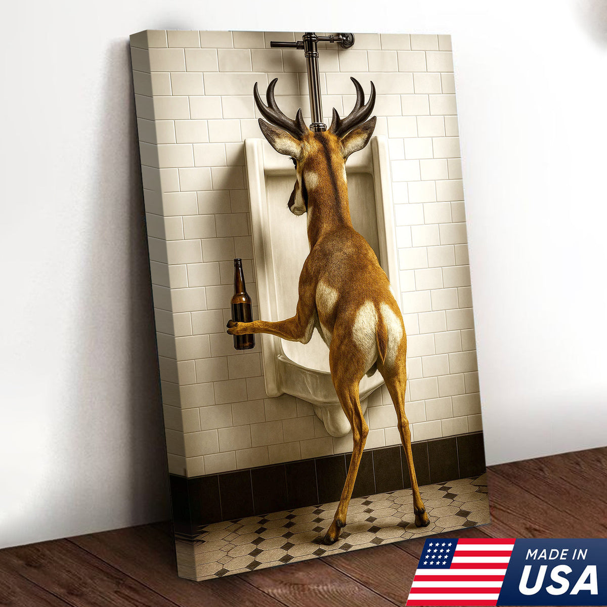 Funny Pronghorn Canvas Wall Art - Rustic Bathroom Lodge Decor for Hunters - Unique Wildlife Cabin Print