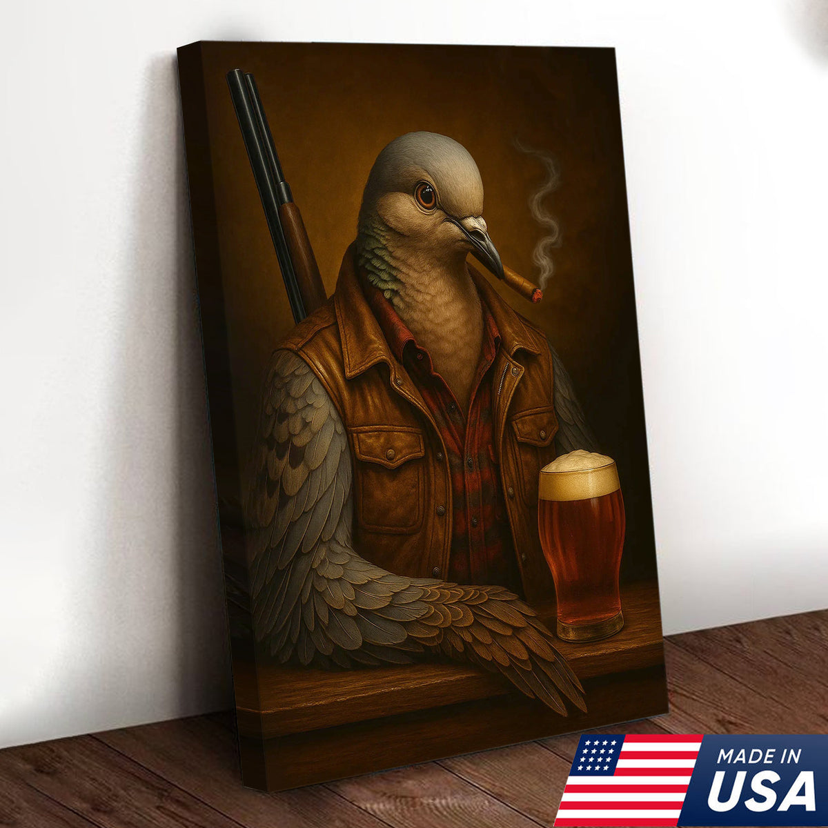 Mourning Dove Canvas Wall Art – Surreal Hunter Portrait with Beer Glass, Rustic Lodge Decor